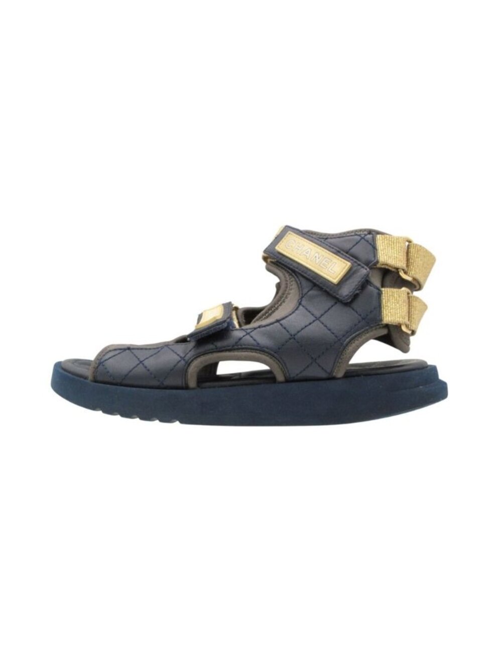 Chanel Sandals Sport Quilted Leather Velcro Strap Belt CC Logo Shoes Navy